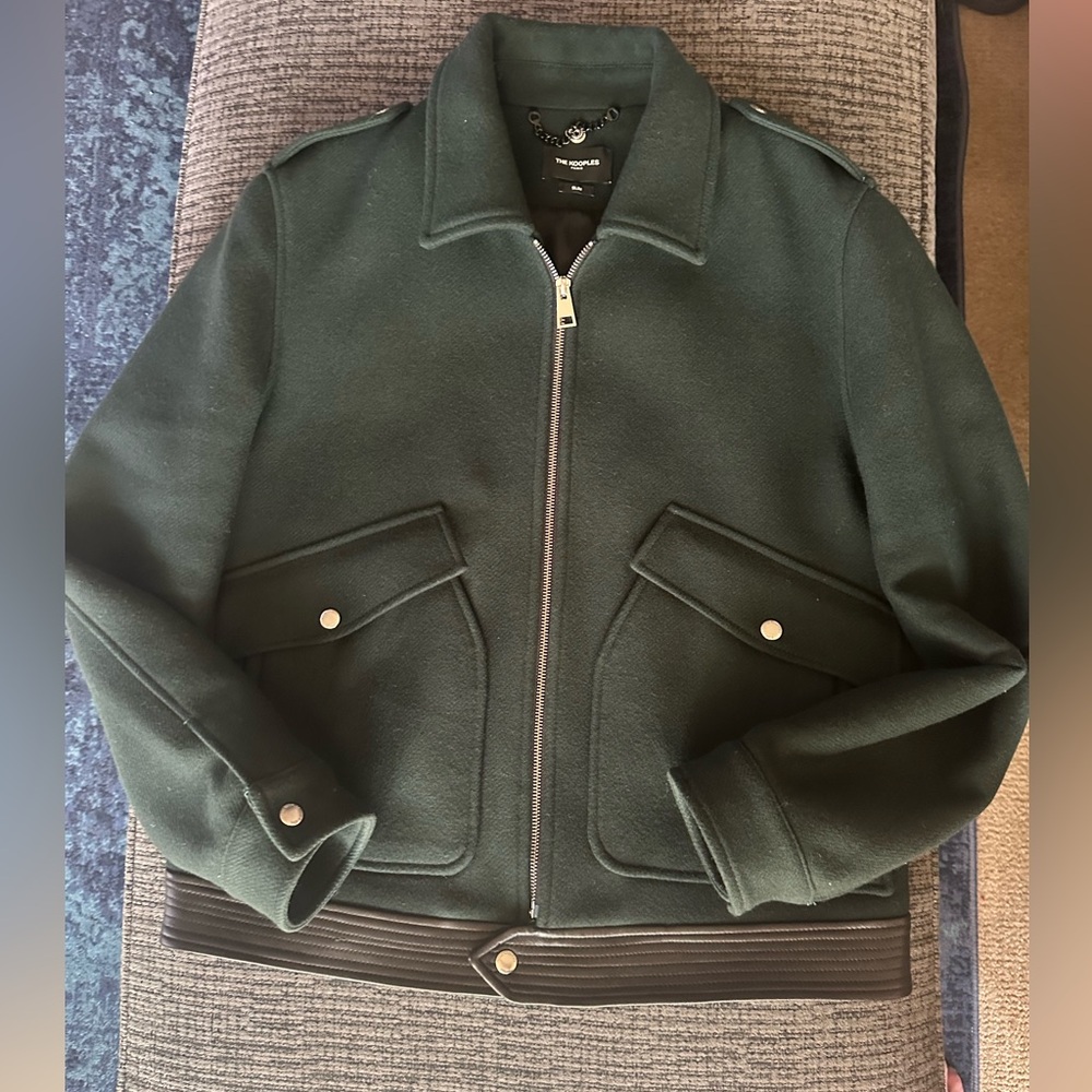 The Kooples Dark Green Bomber Jacket size L wool and leather